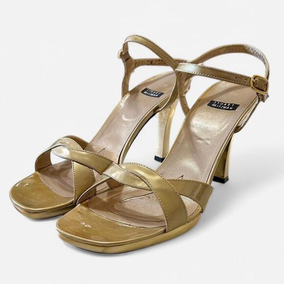Stuart Weitzman Gold Heels Patent Leather Strappy Metallic Crisscross Sz 8 - Picture 1 of 7